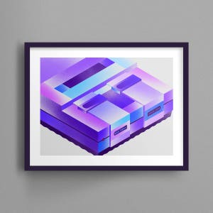 Stampa artistica della console SNES retrò, design moderno geometrico
