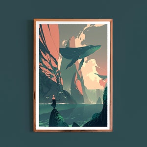 A shepherd stands on a rocky outcropping, calling their pod of flying humpback whales home at the end of the day. This fantastical art piece is the perfect home décor for lovers of magical realism. Frame not included.