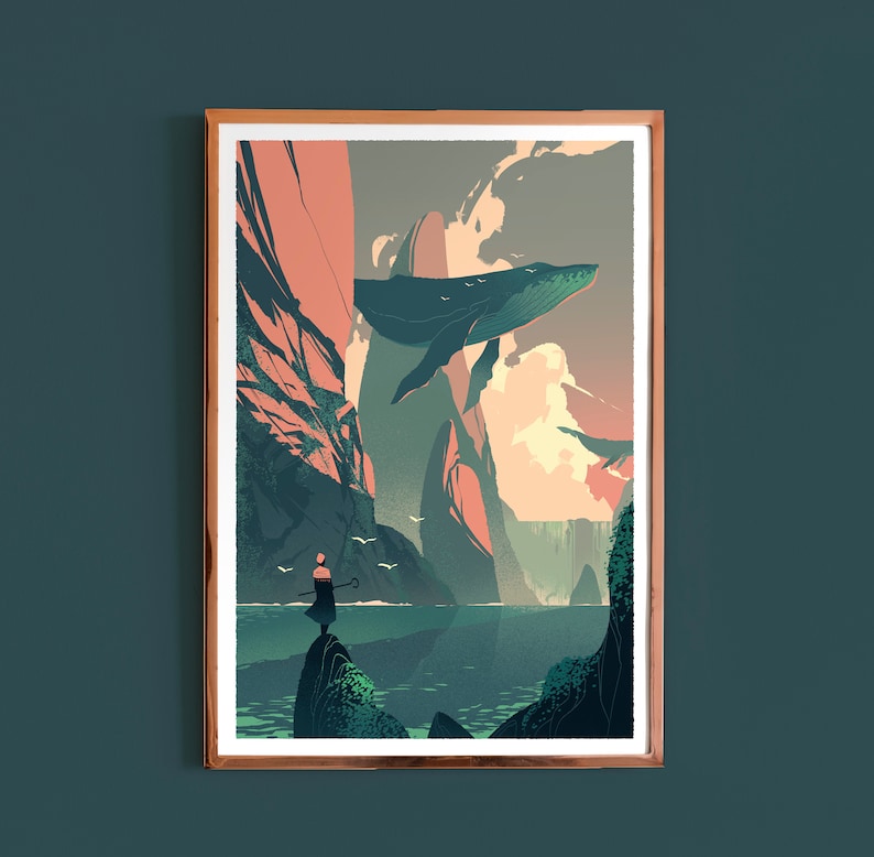 A shepherd stands on a rocky outcropping, calling their pod of flying humpback whales home at the end of the day. This fantastical art piece is the perfect home décor for lovers of magical realism. Frame not included.