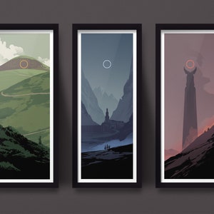 This set of fantasy art prints shows scenes from iconic locations in each of three books of J.R.R. Tolkien's fantasy trilogy, Lord of the Rings. Frames not included.