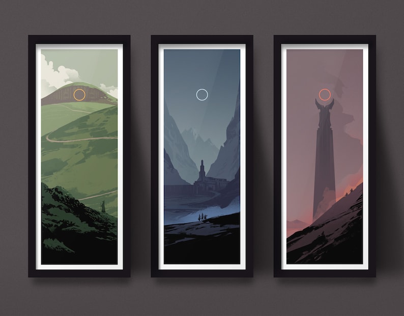 This set of fantasy art prints shows scenes from iconic locations in each of three books of J.R.R. Tolkien's fantasy trilogy, Lord of the Rings. Frames not included.