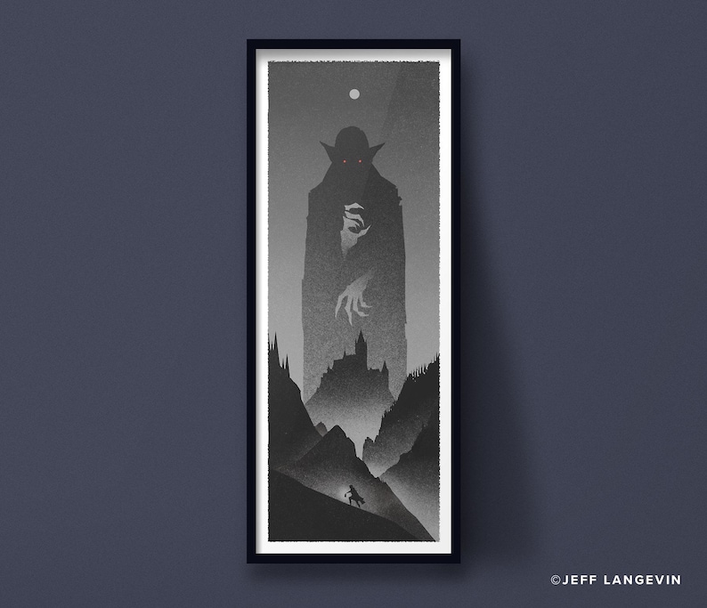 Puede incluir: Ilustraci&oacute;n en blanco y negro enmarcada de una figura silueteada con ojos rojos que se cierne sobre un castillo y una figura solitaria en una colina. La obra de arte tiene un estilo minimalista, con una atm&oacute;sfera oscura y ominosa.