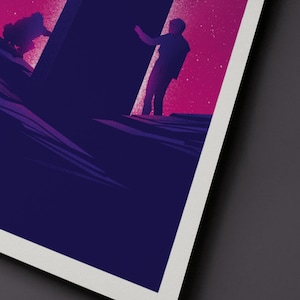 The lower half of the print shows  an astronaut and an ape on either side of the monolith, reaching to it. Beyond them is a starry sky. The sky is magenta, everything else is purple. The print has a white border.