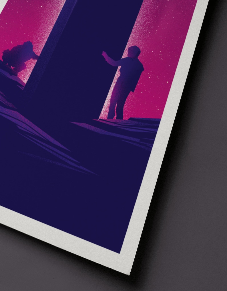 The lower half of the print shows  an astronaut and an ape on either side of the monolith, reaching to it. Beyond them is a starry sky. The sky is magenta, everything else is purple. The print has a white border.