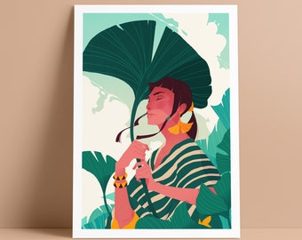Donna con ombrello di foglie di ginkgo, illustrazione di stampa artistica di fogliame