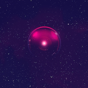A close up of the eye of HAL 9000 in a starry sky. The light from the eye is magenta, the sky background are a deep purple-blue.