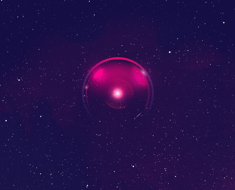 A close up of the eye of HAL 9000 in a starry sky. The light from the eye is magenta, the sky background are a deep purple-blue.