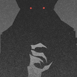 Puede incluir: Ilustraci&oacute;n digital de una figura sombr&iacute;a con ojos rojos brillantes. La figura tiene una gran silueta con una textura granulada. Una mano con garras es visible en la parte inferior de la imagen, lo que aumenta la sensaci&oacute;n de amenaza.
