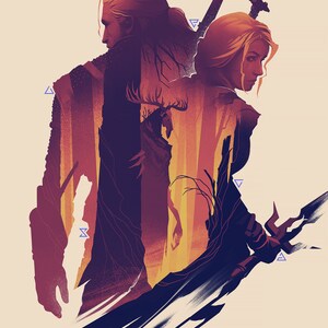 A digital illustration of two silhouetted figures, a man and a woman, standing side-by-side. The man is on the left, holding a sword. The woman is on the right, wearing a long, flowing dress. The background is beige. Within the silhouette of the two figures is a blurred image of a forest with a monster moving between the trees.