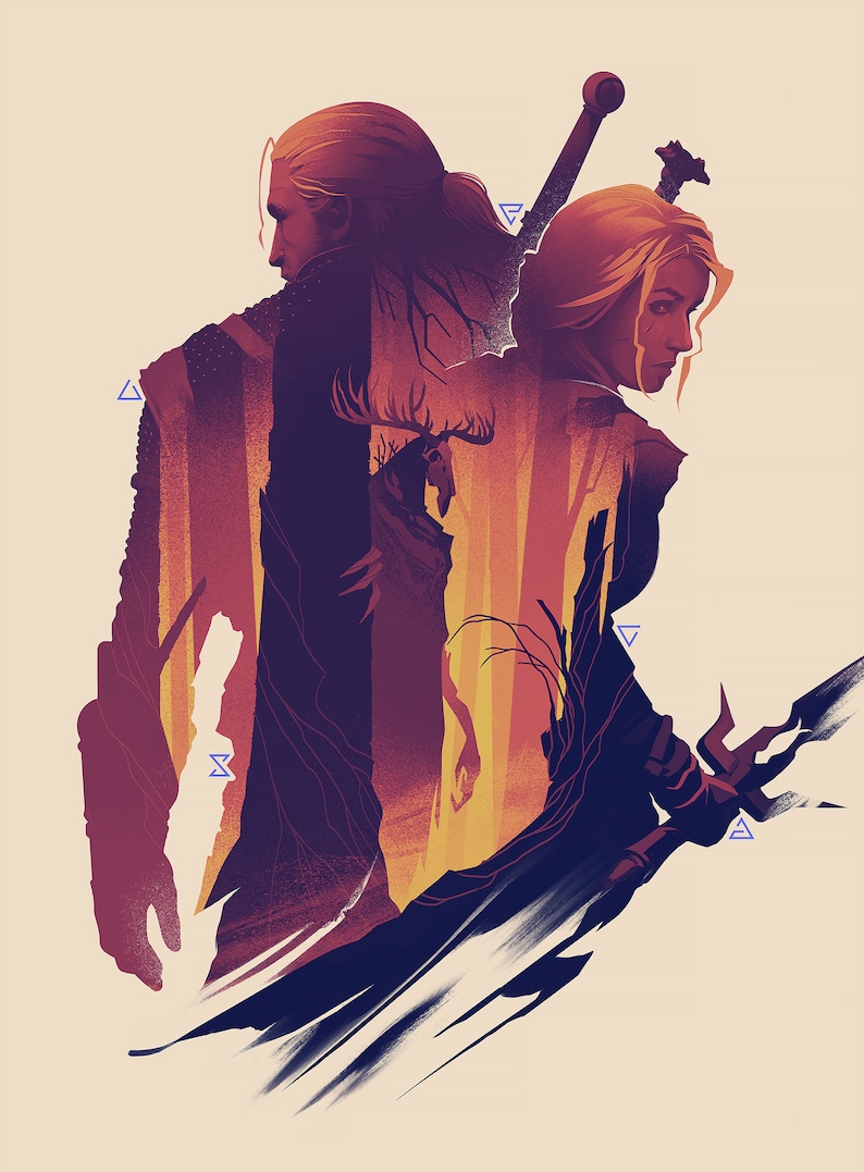 A digital illustration of two silhouetted figures, a man and a woman, standing side-by-side. The man is on the left, holding a sword. The woman is on the right, wearing a long, flowing dress. The background is beige. Within the silhouette of the two figures is a blurred image of a forest with a monster moving between the trees.