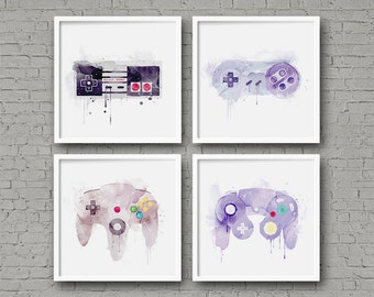 Nintendo Controllers Watercolor Art Print Set Video Game Art Series NES SNES N64 Gamecube