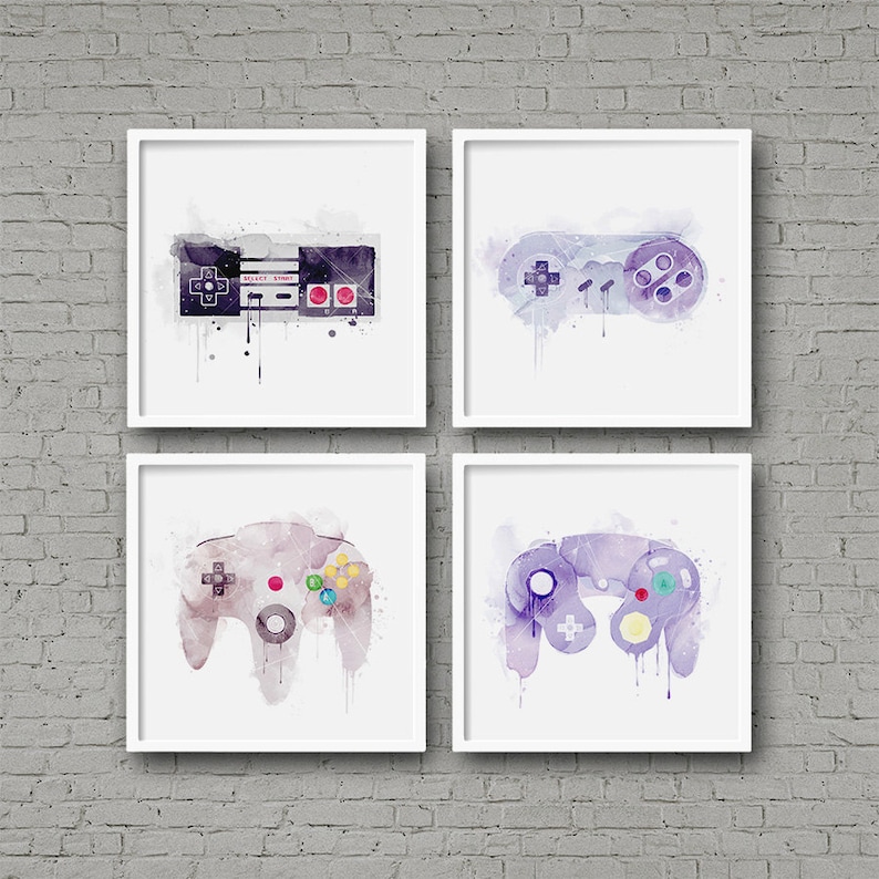 Nintendo Controllers Watercolor Art Print Set Video Game Art Series NES SNES N64 Gamecube 