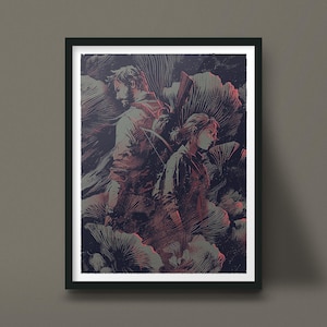 May include: A framed art print featuring a stylized illustration of two figures standing back-to-back amidst large, textured mushroom-like shapes. The color palette consists of dark navy, muted red, and soft white lines on a dark background.