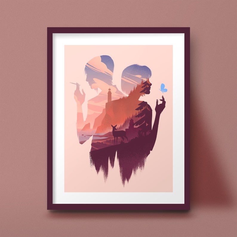 This print features the characters Max Caufield and Chloe Price from the video game Life Is Strange. Their silhouettes frame the rugged coast of Arcadia Bay, upon which stands a lighthouse. Frame not included.
