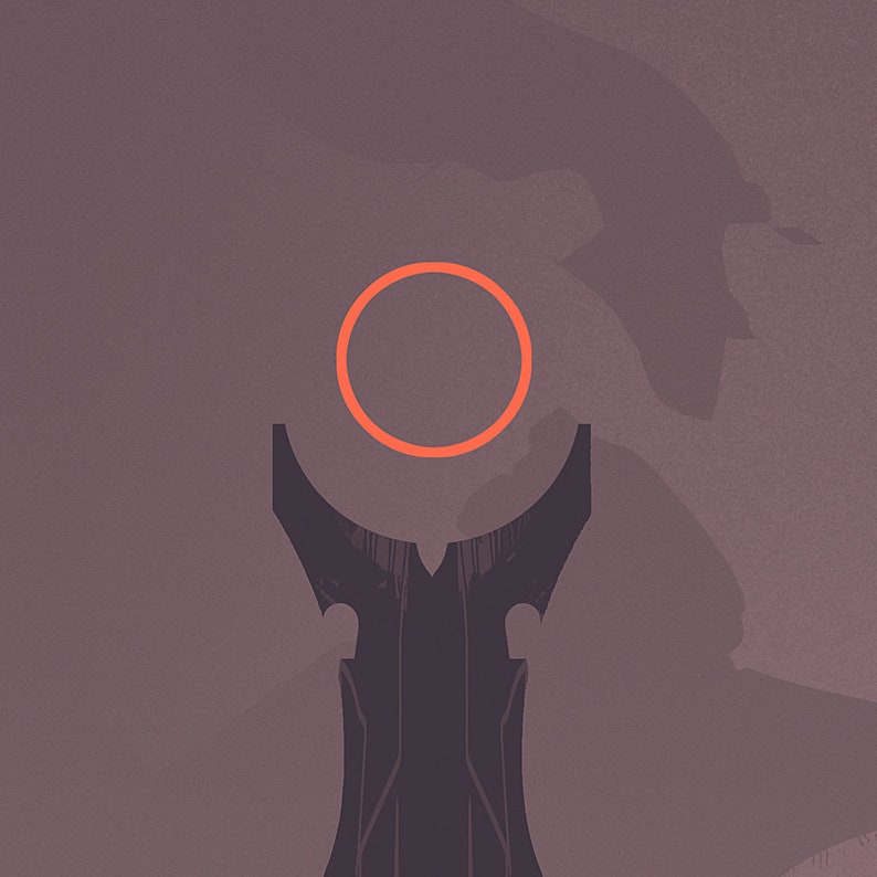 At the top of this art print, the One Ring hangs over the tower of Barad-dûr in a symbolic representation of the Eye of Sauron.