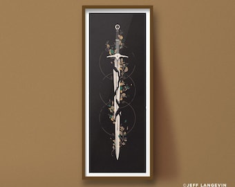 Broken sword with leaves and flowers, fantasy art print