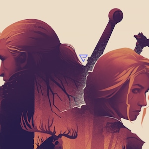 A digital illustration of a man and a woman in silhouette, with a sword and a deer in the silhouette interior. The image is in shades of red, orange, and purple.
