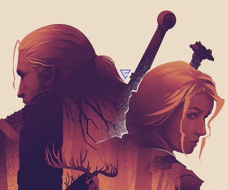 A digital illustration of a man and a woman in silhouette, with a sword and a deer in the silhouette interior. The image is in shades of red, orange, and purple.