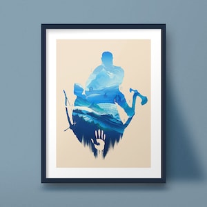Dios de la guerra arte impresión Kratos Atreus juego cartel silueta de paisaje nórdico