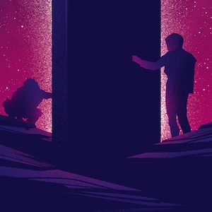 A close up of lower half of the monolith. To the right is an astronaut reaching out to touch it. To the left is a crouching ape, also reaching to touch the monolith. Beyond them is a starry sky. The sky is magenta, everything else is purple.