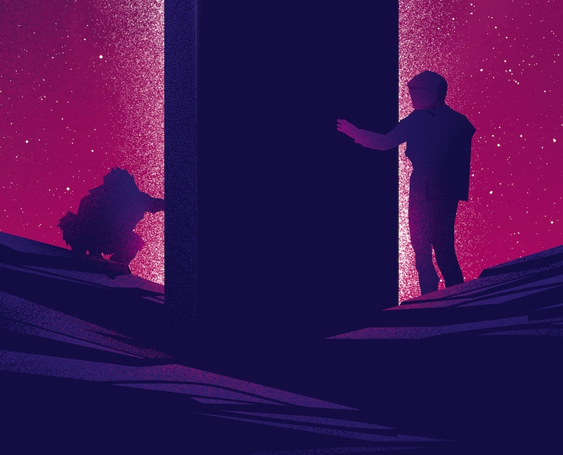 A close up of lower half of the monolith. To the right is an astronaut reaching out to touch it. To the left is a crouching ape, also reaching to touch the monolith. Beyond them is a starry sky. The sky is magenta, everything else is purple.