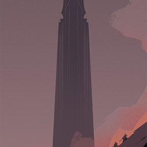 Sauron's tower of Barad-dûr stretches high into the sky, the watchful eye observing everything, including the two small figures of Frodo and Sam as they cross the desolate landscape of Mordor.