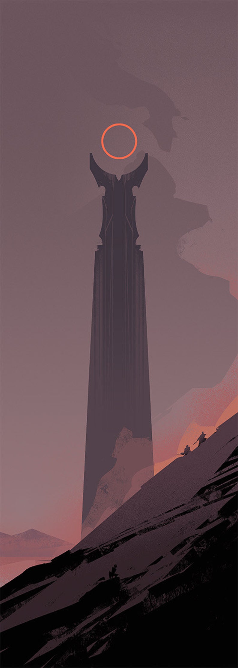 Sauron's tower of Barad-dûr stretches high into the sky, the watchful eye observing everything, including the two small figures of Frodo and Sam as they cross the desolate landscape of Mordor.