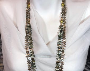 Stackable Double Strand Layering Necklace, Baroque Pearl Necklace, Olive Green Pistachio Baroque Cultured Freshwater Pearls, Sterling Silver