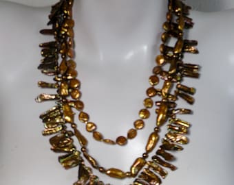 Multi Strand Necklace, Baroque Pearl Necklace, Bronze Baroque Cultured Freshwater Pearls