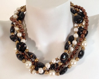 Multi Strand Torsade Statement Necklace, Fall Browns, Gold, Bronze, Copper, White Pearls, .925 Sterling Silver, Pewter