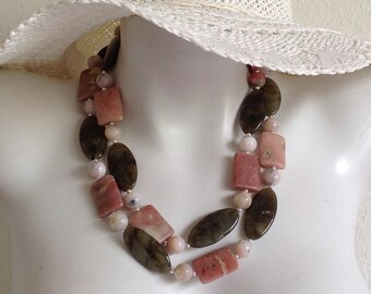Long Beaded Chunky Necklace, Pink Lepidolite, Labradorite Marquise Beads, .925 Sterling Silver