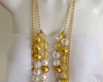 Long Chunky Necklace, Multi Strand Necklace, Statement Necklace, White Pearls, Gold Plated Chain, Gold Plated Beads