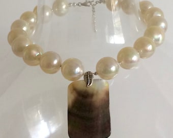 Statement Necklace, Chunky Necklace, Beaded Necklace, Pear Necklace, Mother Of Pearl, Sterling Silver