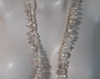 Beaded Multi Strand Chunky Necklace, White Freshwater Cultured Pearls, Quartz Crystal, .925 Sterling Silver