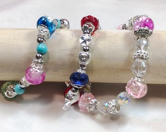 Boho Chic Stretch Beaded Bracelets, Pink Murano Glass, Crystal, Silver Accents, Turquoise, Multicolor