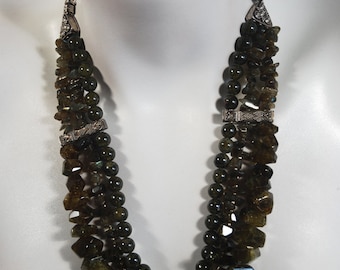 Olive Green Multi Strand Chunky Necklace, Statement Necklace, Grossularite, Labradorite, .925 Sterling Silver Clasp, Chain, Cones, Spacers