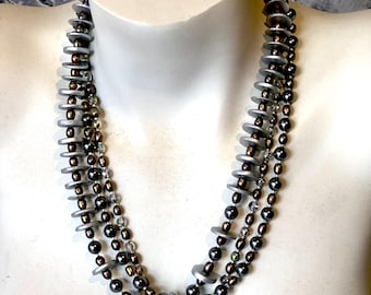 Multi Strand Torsade Statement Necklace, Peacock Freshwater Pearls, Swarovski Crystal Pearls, Wood Discs, .925 Sterling Silver Toggle Clasp