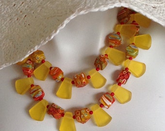 Multi Strand Bib Necklace, Chunky Statement Necklace, Yellow Orange Millefiori, Marigold Trapezoid Resin, .925 Sterling Silver