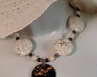 Beaded Chunky Necklace, White Magnesite Coins, Brown Veining, Brown Ceramic Pendant, .925 Sterling Silver Clasp, Chain
