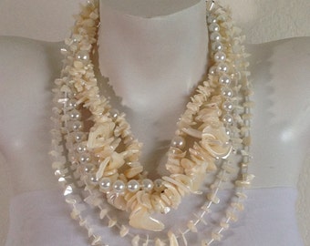 Multi Strand Torsade Statement Necklace, Mother Of Pearl, White Freshwater Pearls, .925 Sterling Silver