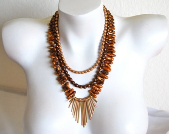 Multi Strand Beaded Necklace, Antique Copper Cultured Pearl Necklace, Antique Brass Spikes, .925 Sterling Silver Clasp