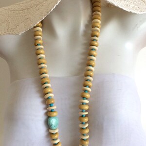 Long Beaded Bone Necklace, Wood Rondelles, Turquoise Nugget, .925 Sterling Silver image 3