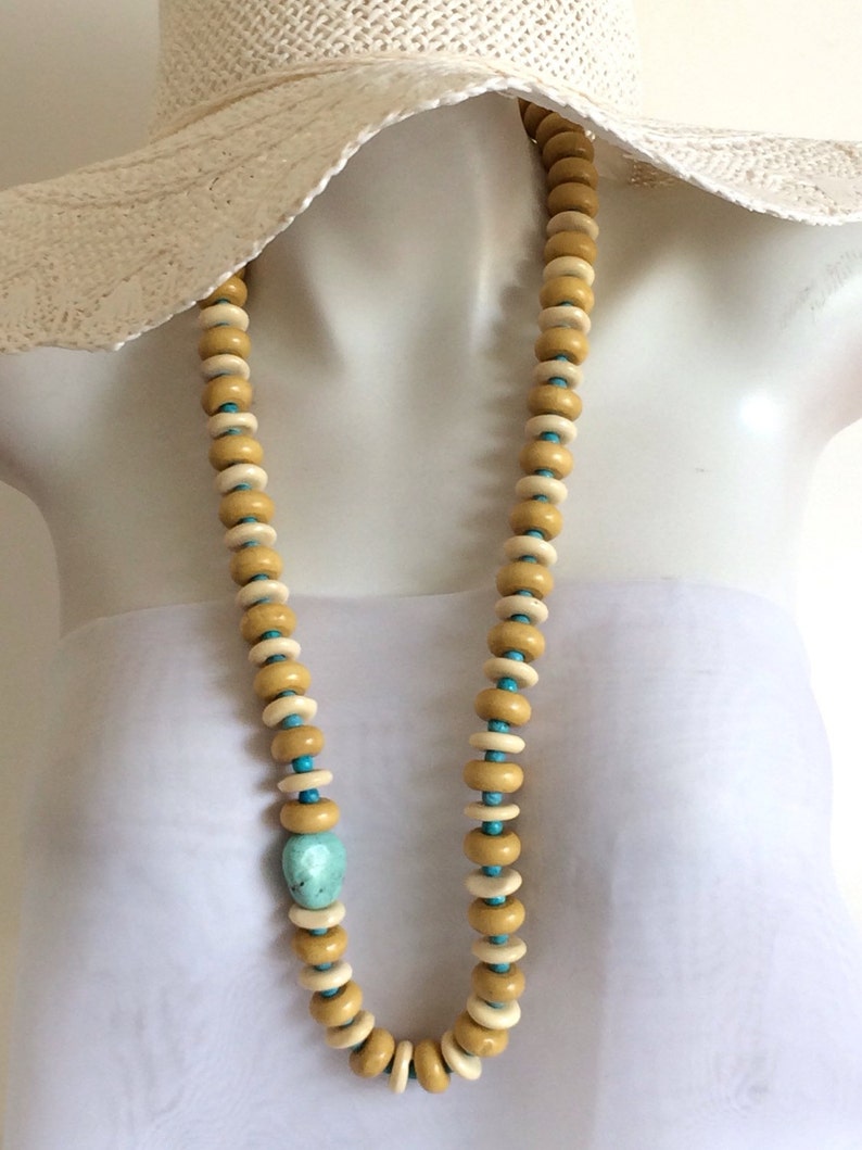Long Beaded Bone Necklace, Wood Rondelles, Turquoise Nugget, .925 Sterling Silver image 3