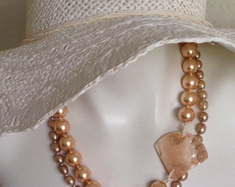Multi Strand Peach Pearl Necklace, Asymetrical Mother-Of-Pearl Focal, .925 Sterling Silver