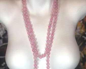 Beaded Long Necklace Pink Glass Beads Gold Feckled