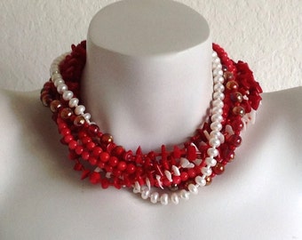 Multi Strand Torsade Necklace, Red Coral, Mother-Of-Pearl, White Pearls, Sterling Silver