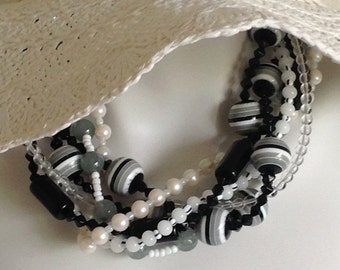 Multi Strand Torsade Statement Necklace, Black and White Acrylic Beads, White Pearls, .925 Sterling Silver Lobster Clasp