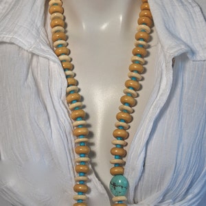 Long Beaded Bone Necklace, Wood Rondelles, Turquoise Nugget, .925 Sterling Silver image 1