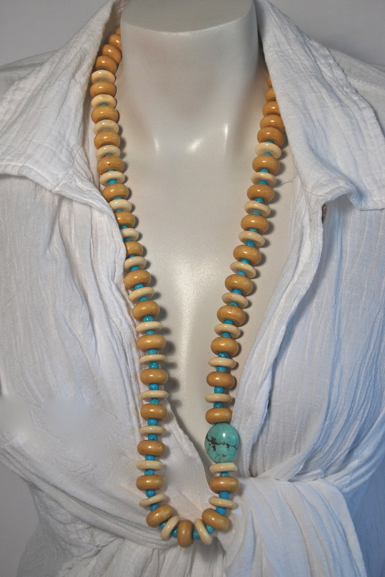 Long Beaded Bone Necklace, Wood Rondelles, Turquoise Nugget, .925 Sterling Silver image 1