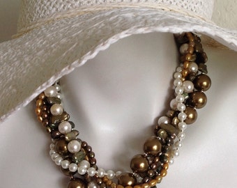 Beaded Multi Strand Torsade Statement Necklace, Bronze Freshwater Cultured Pearls, White Pearls, .925 Sterling Silver